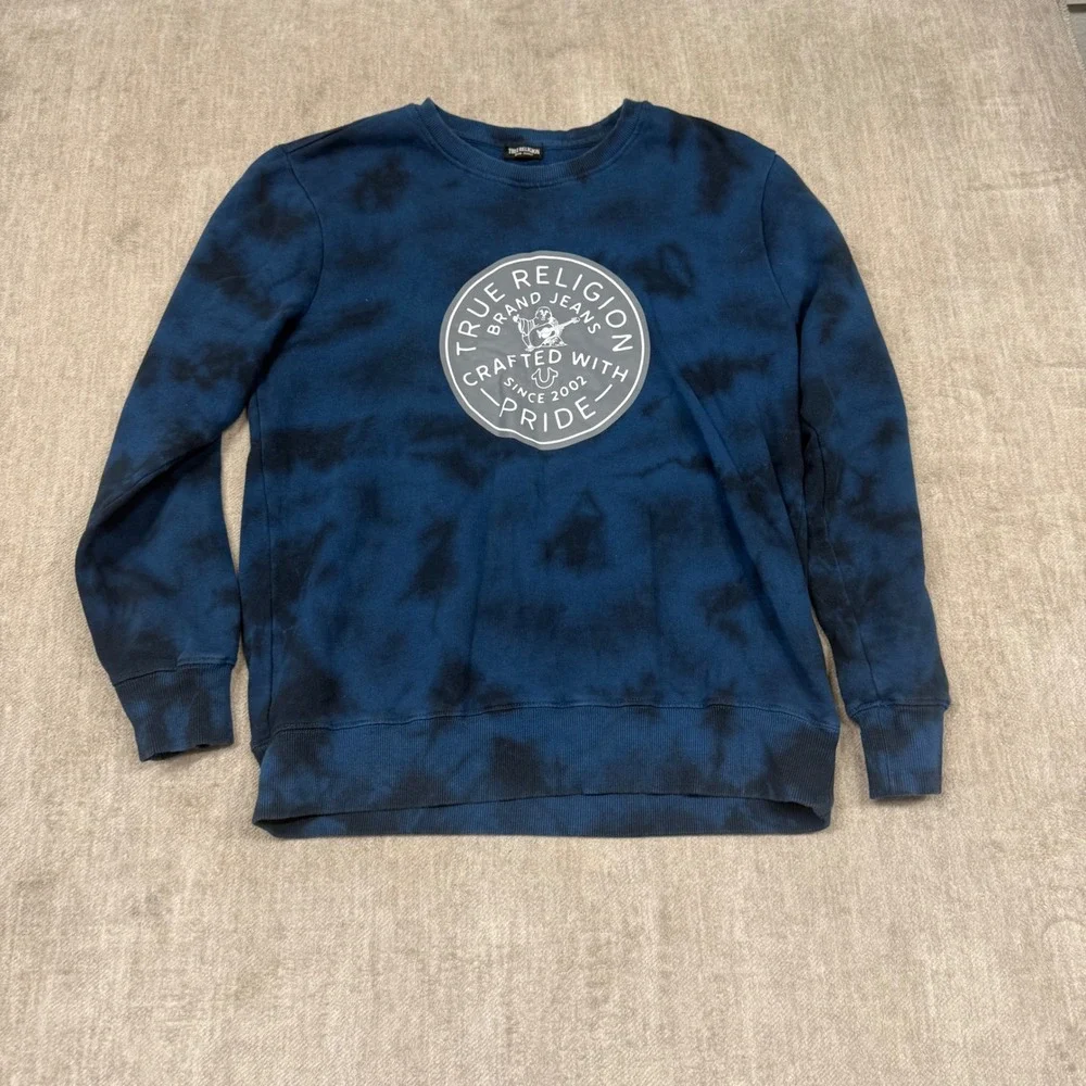True Religion Crewneck‎ Sweatshirt Mens Medium Blue Tie Dye Logo Graphic